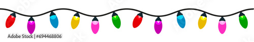 Christmas lights isolated design elements, string of colorful holiday lights, christmas light string, garland seamless border, glowing lights bulbs for greeting card design, bright garlands