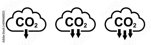 Trendy CO2 reduction cloud flat set icons, smoke pollutant damage, smog pollution concept, environmental pollution, emissions, carbon dioxide formula symbol sign - vector