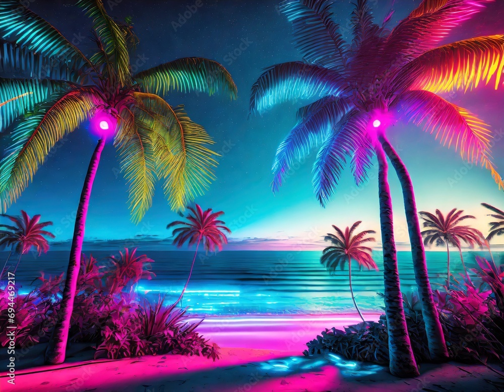 Futuristic cyberpunk in neon colors, seashore and palm trees
