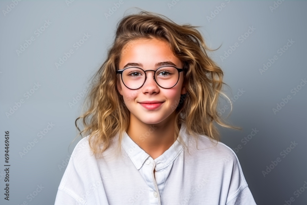 Teenage girl posing with her glasses.