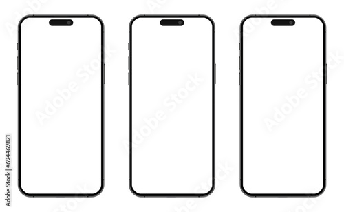 Smartphone phone set on white background isolated. 3 modern mobile phones. 3D mobile phone with empty screens. Smartphone mockup front view white screen