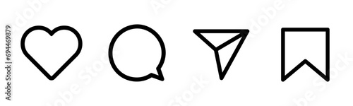 Social media icons like, heart, comment, send, share, save message functional icons, collection post reactions, social network user interface flat signs - vector