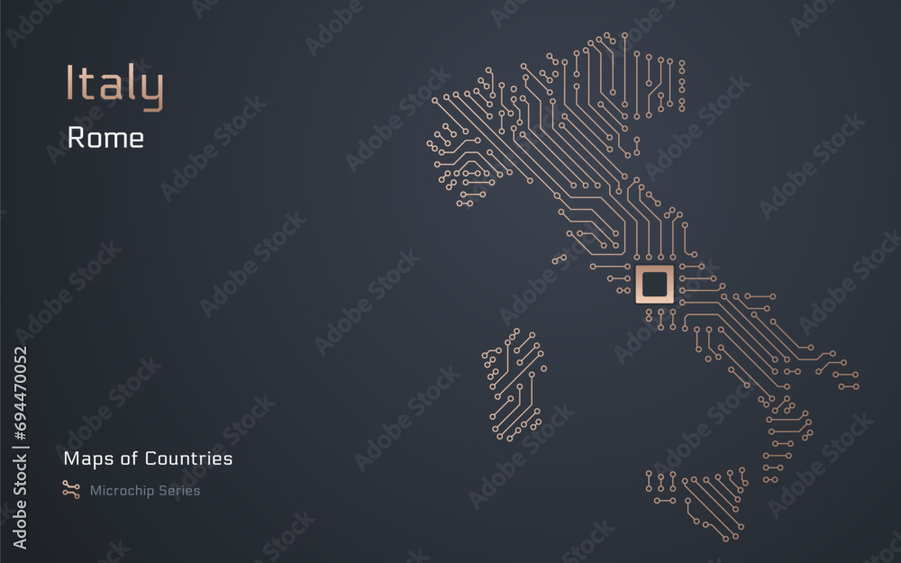 Italy Map with a capital of Rome Shown in a Microchip Pattern with processor. E-government. World Countries vector maps. Microchip Series Italy Map with a capital of Rome Shown in a Microchip Pattern with processor. E-government. World Countries vector maps. Microchip Series
