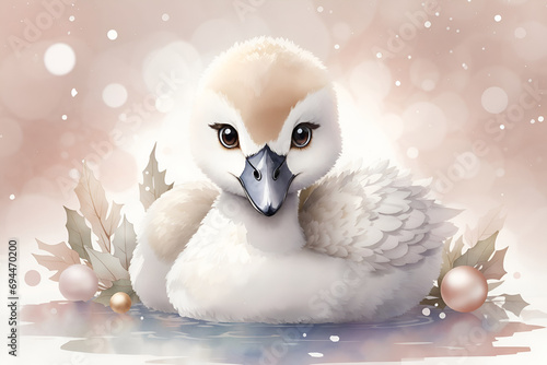 baby swan in watercolor with big eyes, adorable, cute, funny, soft, wild 