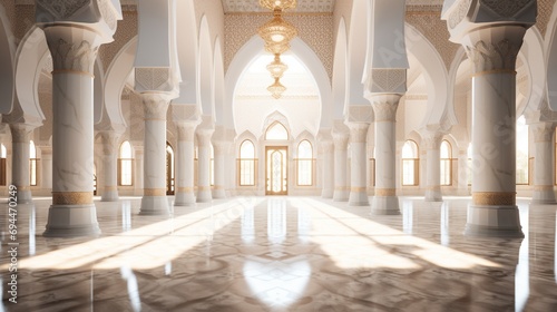 Expansive shot showcasing a mosque's architectural details, including a mosaic podium.