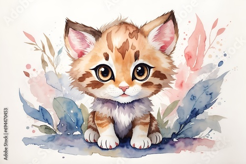 Chibi kawaii wild kitten in watercolor with big eyes