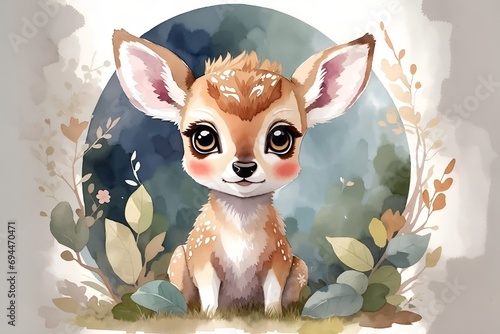 adorable, cute, funny, soft wild baby roe deer in watercolor with big eyes photo