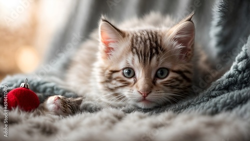 a charming depiction of a grey and white kitten, playfully peeking out from a cozy blanket nest, adorable image that showcases the kitten's playful and curious nature
