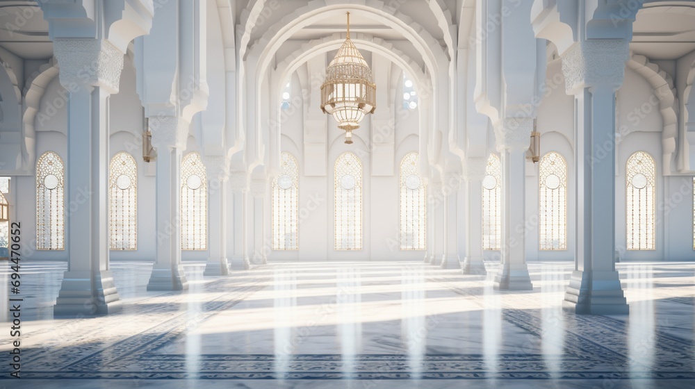 Expansive shot showcasing a mosque's architectural details, including a mosaic podium with vivid 3D elements.