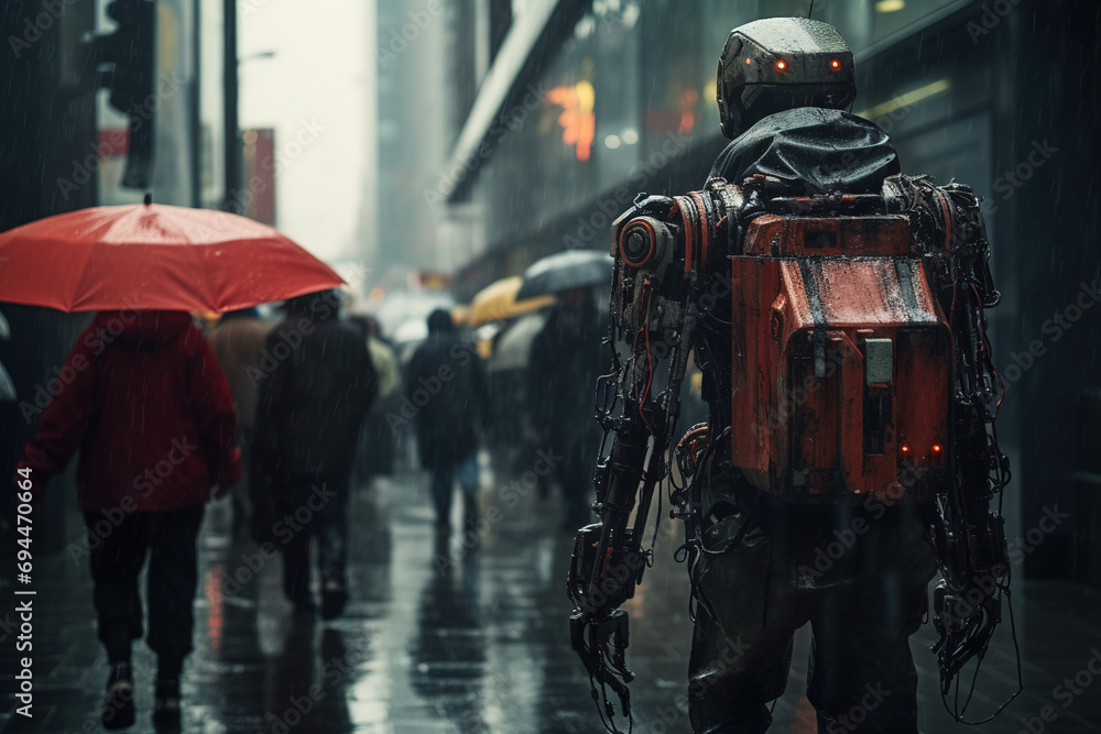 a robot walking down the street in wet weather, in the style of science-fiction dystopias, modular construction, documentary photographer, dark white and red, detailed crowd scenes, havencore, epic