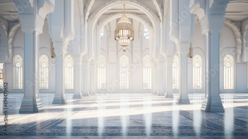 Expansive shot showcasing a mosque s architectural details  including a mosaic podium with vivid 3D elements.