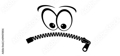 Cartoon mouth, zipper face. Zip fastener with zipper puller. Keeping quiet, silence concept. Keep a secret icon. zippered mouth. closed or open Zippers. Unzip, zipper locks. No speak or talking.