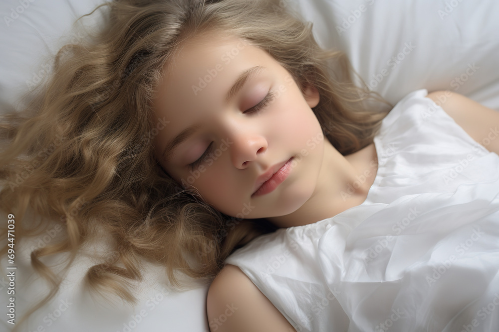 Little Dreamer: Capturing the Peaceful Sleep of a Young Girl on a White Pillow Little Dreamer: Capturing the Peaceful Sleep of a Young Girl on a White Pillow