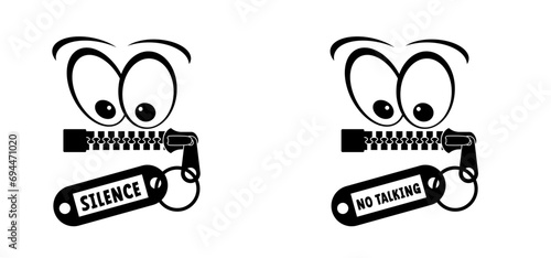 Cartoon mouth, zipper face. Zip fastener with zipper puller. Keeping quiet, silence concept. Keep a secret icon. zippered mouth. closed or open Zippers. Unzip, zipper locks. No speak or talking.