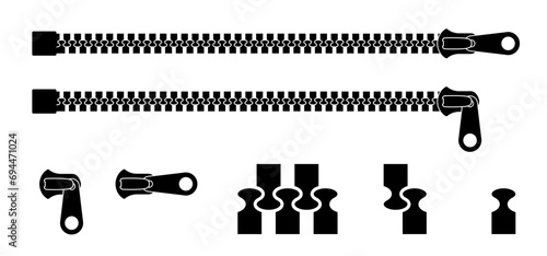 Cartoon zip fastener with zipper puller. Clasp for clothes. Clothing accessories and zip types. Zippers. Set of closed and open zip with fastener. Unzip, closed zipper locks. Sewing zip line icon.