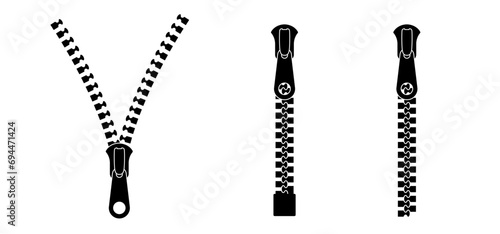 Cartoon zip fastener with zipper puller. Clasp for clothes. Clothing accessories and zip types. Zippers. Set of closed and open zip with fastener. Unzip, closed zipper locks. Sewing zip line icon.
