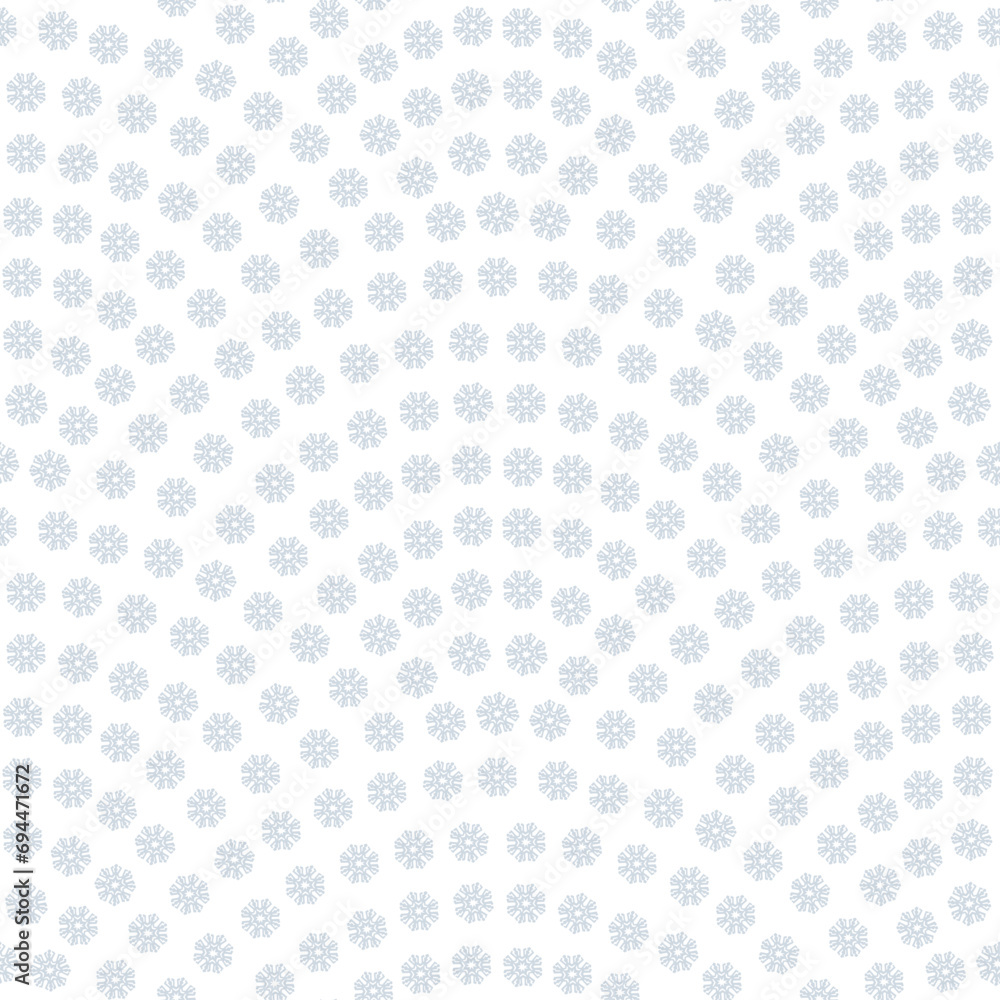 Blue small snowflakes on a white background. Christmas and New Year holiday wallpaper. Vector seamless wavy pattern with geometrical fish scale layout