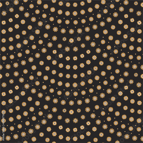 Small golden snowflakes on a black background. Christmas and New Year holiday wallpaper. Vector seamless wavy pattern with geometrical fish scale layout