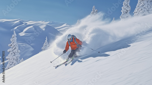 man skiing on winter day, mountain snow tree