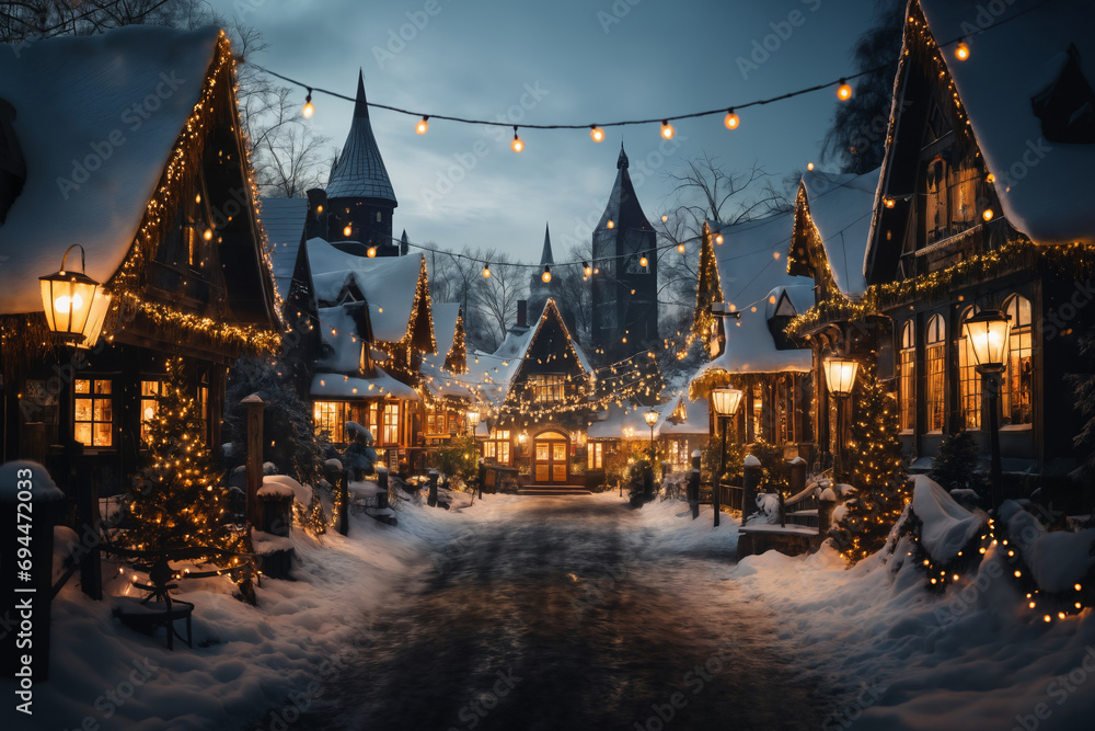 village street in winter season decorated for Christmas or New Year holiday, beautiful view of exteriors of houses , snow, sunset, street lights, festive environment