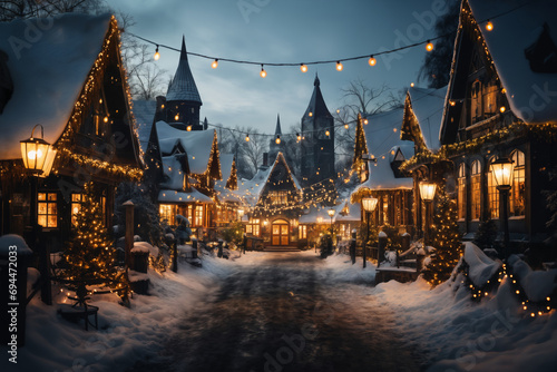 village street in winter season decorated for Christmas or New Year holiday  beautiful view of exteriors of houses   snow  sunset  street lights  festive environment