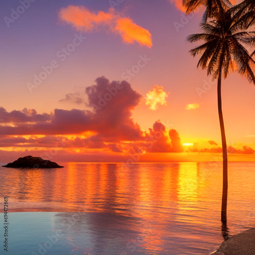 Beautiful sunset at tropical beach with silhouette of trees and orange, pink, blue, sky for copy space and multimedia content creation