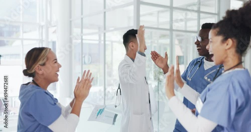 Doctors, success or celebration and throwing papers in life insurance diversity, medicine goals or healthcare target. Smile, happy or excited people or nurses in clapping, cheering or winner gesture photo