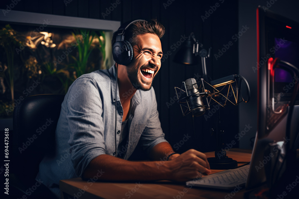 Young man recording a podcast in studio and having fun - obrazy, fototapety, plakaty 