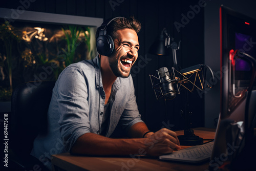 Young man recording a podcast in studio and having fun photo