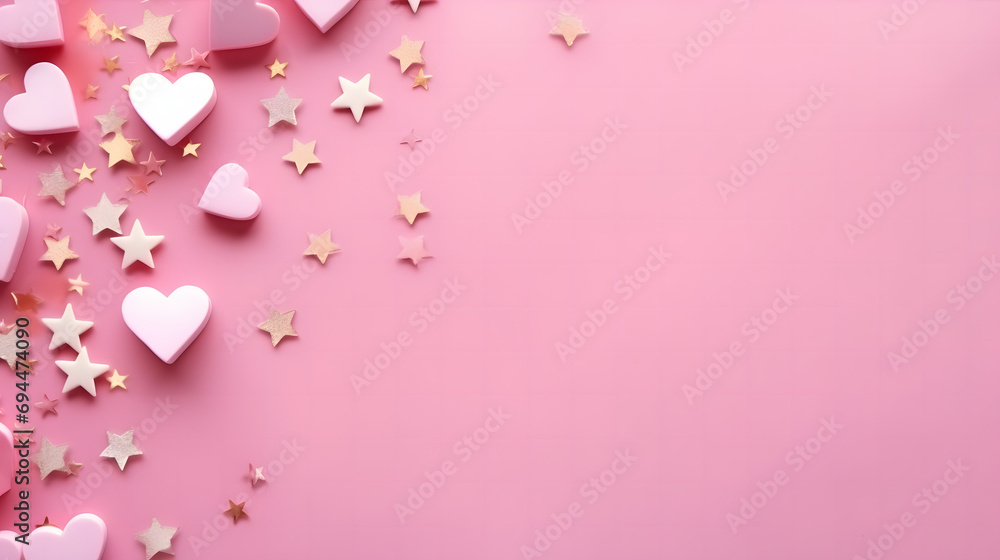 Sparkling Love: Pink and Gold Hearts and Stars on a Romantic Pink Background for Valentine's Day
