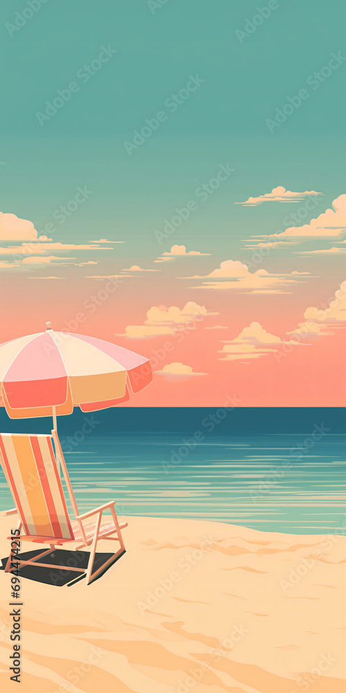 A Sunny Day by the Shore: Umbrella, Chair, and Relaxation - AI Generative A Sunny Day by the Shore: Umbrella, Chair, and Relaxation - AI Generative