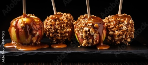 Freshly caramel-dipped apples on a board. photo