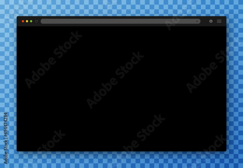 An empty browser window in black on a transparent background. Website layout with search bar, toolbar and buttons. Vector illustration.