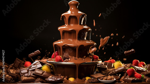 chocolate fountain with strawberries isolated on black photo