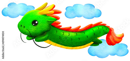Cute Chinese Dragon Lunar New Year 2024, in the sky with clouds, watercolor, watercolour, kawaii, asian, asia, green, red, gold, blue, langit, naga, liong, imlek, cny,  photo