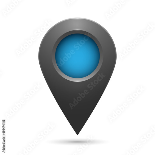 The geolocation icon is gray with highlights and a blue insert on a white background. Realistic geolocation map pin code icon. Vector EPS 10.