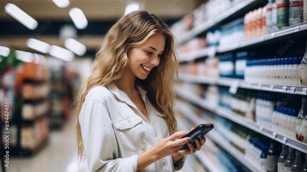 A beautiful fashion woman comparing products in a grocery store A beautiful fashion woman comparing products in a grocery store