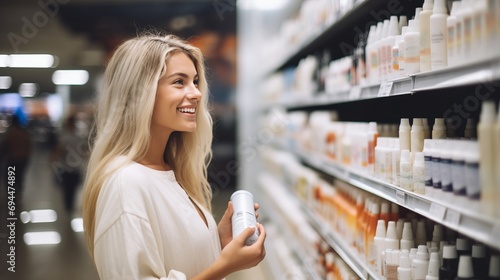 A beautiful fashion woman comparing products in a grocery store