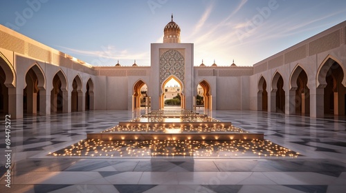 Expansive view of a mosque's courtyard with multiple mosaic podiums for events.