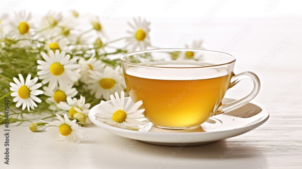 a cup of tea with chamomile in the background a cup of tea with chamomile in the background
