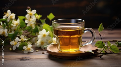 a cup of tea with flowers on a wooden table