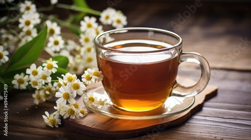 a cup of tea with flowers on a wooden table