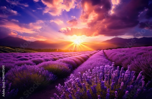 a field of lavender flowers with a field background