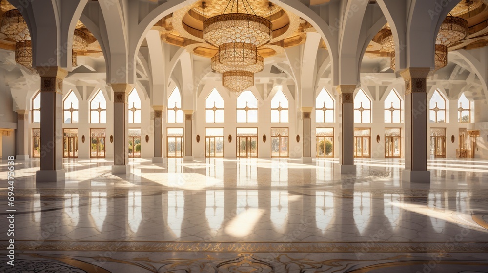 Expansive view of an Islamic cultural center with a central and visually striking 3D mosaic podium.