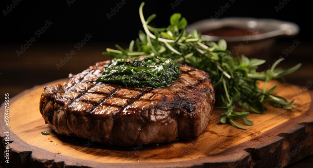 a grilled steak sitting on a wooden table, a grilled steak sitting on a wooden table,