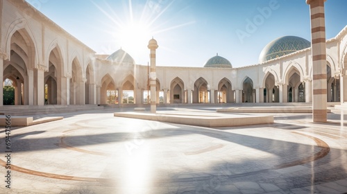 Expansive view of an Islamic educational institution with a central mosaic podium. photo