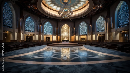 Expansive view of an Islamic cultural center's interior, focusing on a mosaic podium.