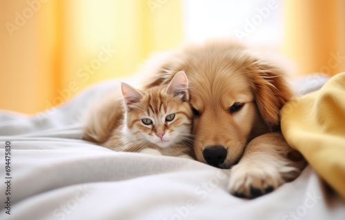 a kitten and a dog cuddling on a white bedding