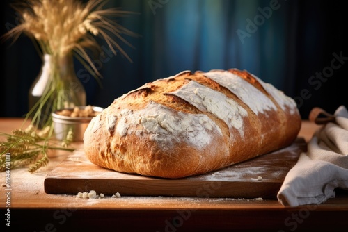 a large loaf of bread is sitting on a wooden board