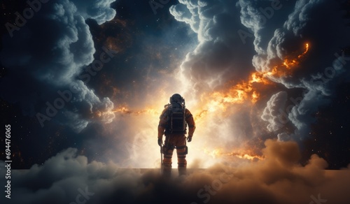 a man in space walking through a glowing space